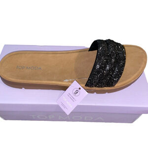 Top Moda Black Rhinestone Sandals Womens Size 9 Flats